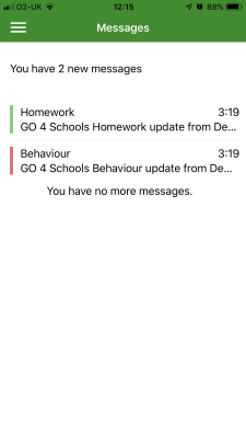Go4Schools Messages Page in App