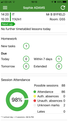 Go4Schools student overview screenshot in app